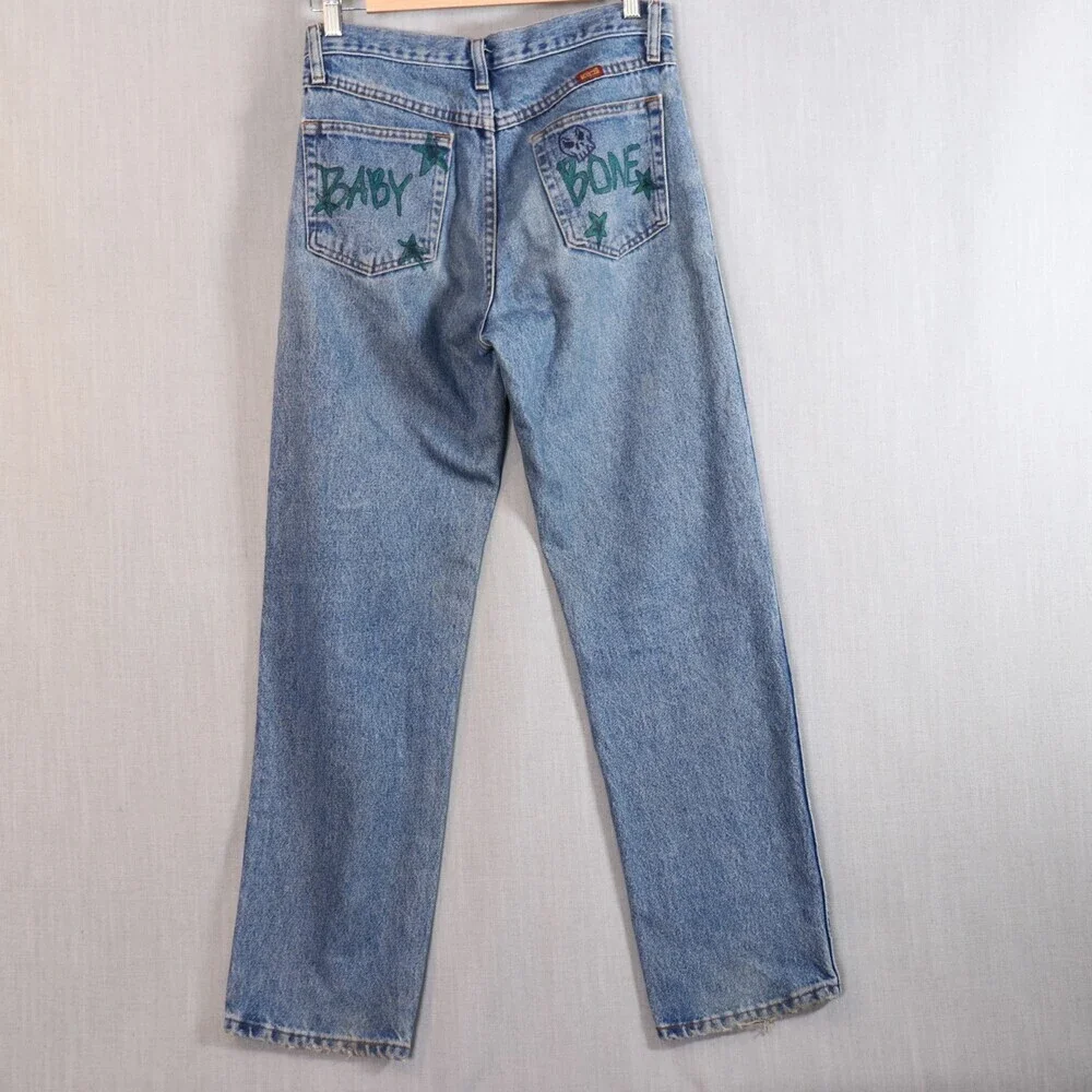 Vintage Rustler Jeans *30x30 Upcycled Tattoo Drawn Art Denim 90s Y2K Bone Skull